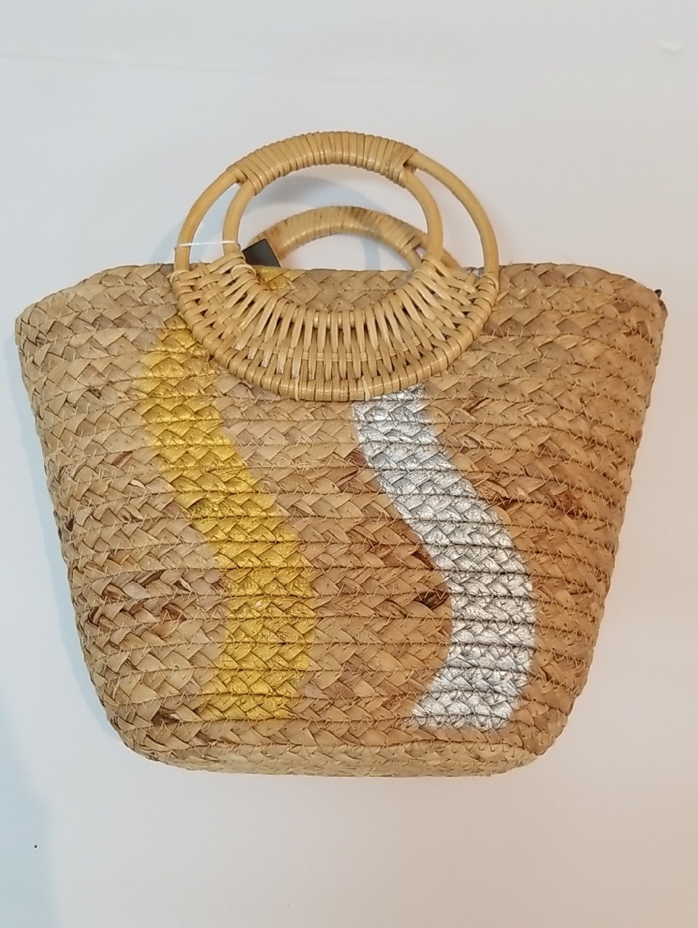 Woven Straw Tote with Gold & Silver Wave Accents